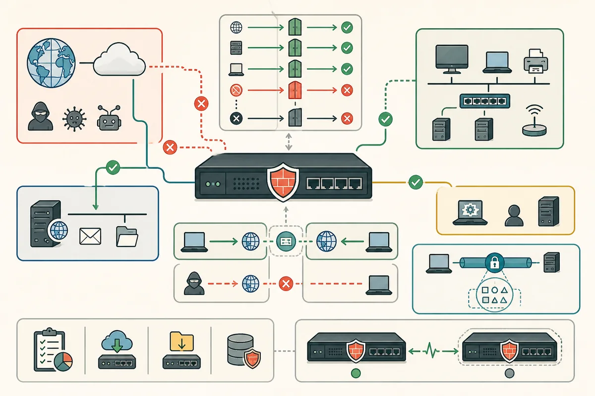 中央のファイアウォール機器がインターネット、社内LAN、公開サービス用DMZ、管理ネットワークを分け、順序付きポリシーで許可・拒否し、外向き接続の状態票に一致する戻り通信だけを通し、暗号化通信の内部は見えないこと、ログ、更新、設定バックアップ、待機機との冗長化を示した図解