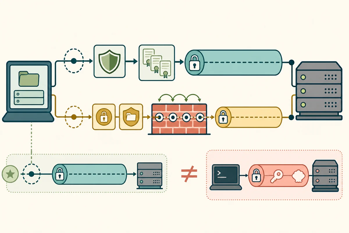 FTPSクライアントが制御接続をAUTH TLSで昇格し、証明書連鎖を確認してTLSトンネルを作り、保護設定後にファイアウォールの許可ポートを通るデータ接続にも別のTLSトンネルを作る一方、SSH上のSFTPを別方式として分離した図解