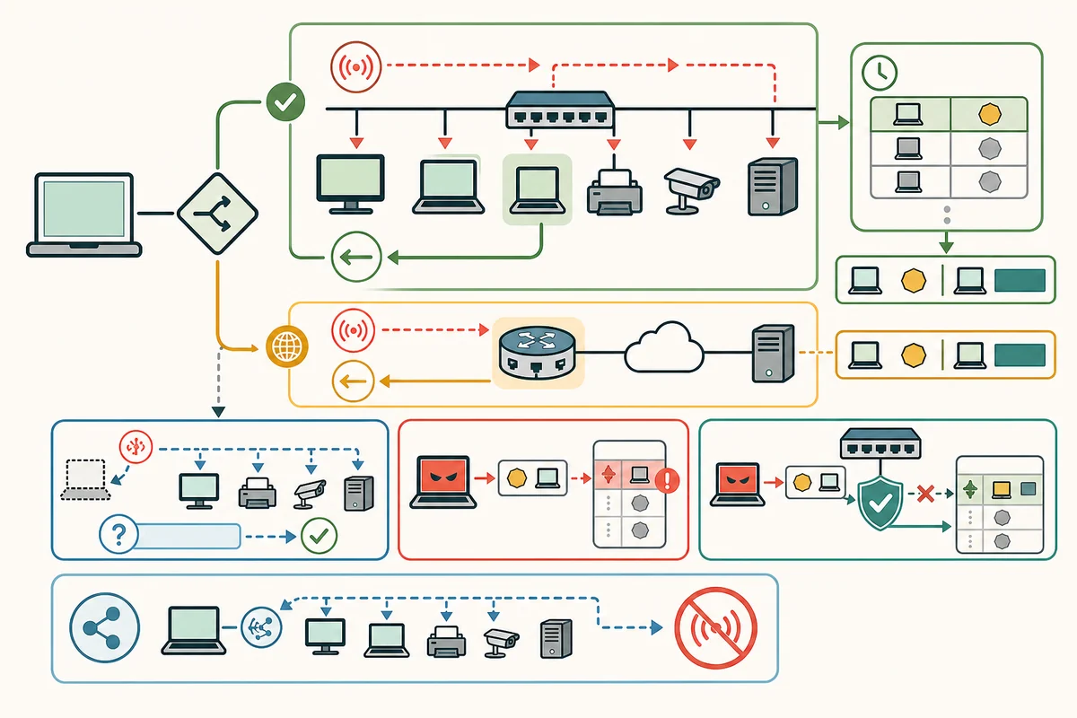 送信端末がIPv4宛先を同一LANか遠隔か判定し、同一LANではスイッチ配下全体へARP要求を放送して該当端末から応答を受け、遠隔宛ではルーターのMACを解決し、期限付きキャッシュ、アドレス競合検査、ARP偽装とスイッチ検査、IPv6は別方式であることを示す図解