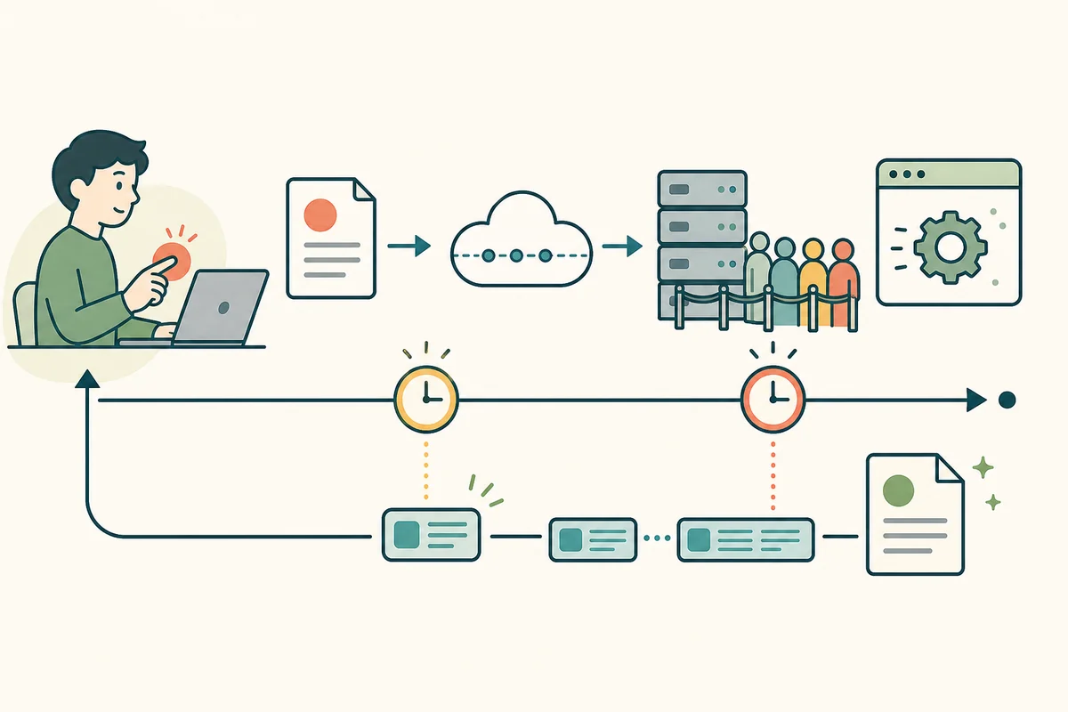 端末からネットワークとサーバーへ要求が進み、最初の応答、本文の受信、画面表示へ進む区間を色分けした応答時間のピクトグラム図解