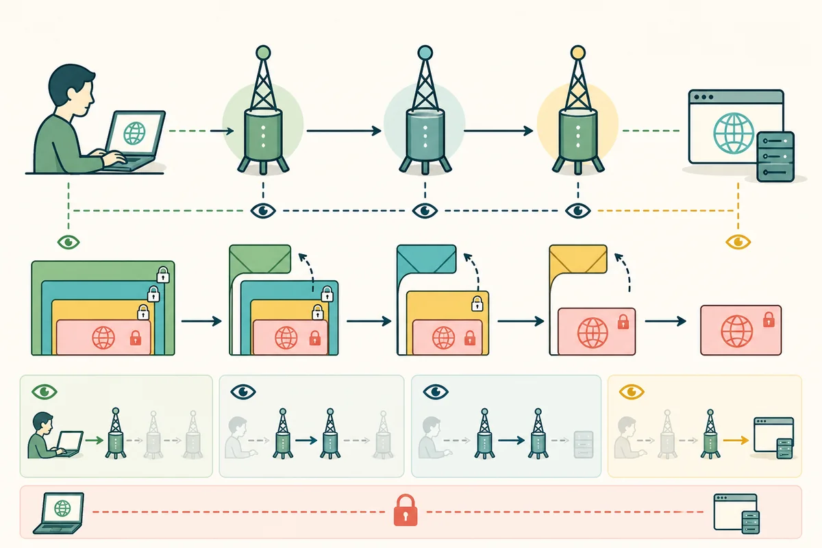 利用者のTor Browserが項目・middle・終了の三つの中継towerを通る回線を作り、三重の封筒から各ホップで一層ずつ暗号を外し、ローカルobserverは項目まで、各中継は隣接ホップだけ、宛先は終了だけを見て、HTTPSの内側封筒は最後まで施錠されるピクトグラム図解