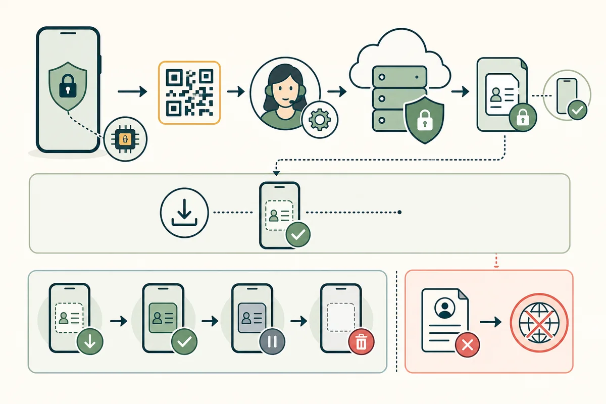 端末内の保護chip、利用者が受け取る有効化情報、通信事業者のプロファイル準備サーバー、特定端末へ結び付けた暗号化プロファイル、ダウンロード・有効化・停止・削除の状態を順に示すピクトグラム図解