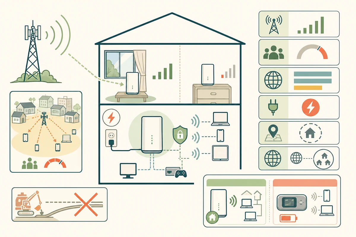 携帯基地局、4Gと5Gの無線、窓際のホームルーター、SIM、NATとファイアウォール、家庭内のsmartphone、コンピューター、television、有線LANを示すピクトグラム図解