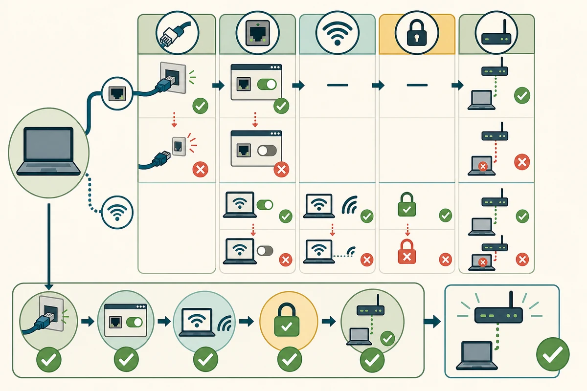 パソコンからEthernetまたはWi-Fiでローカルルーターへ接続するまでを、ケーブル、インターフェース有効化、無線LANへの接続、認証、ローカルアドレス取得の段階に分けたピクトグラム図解