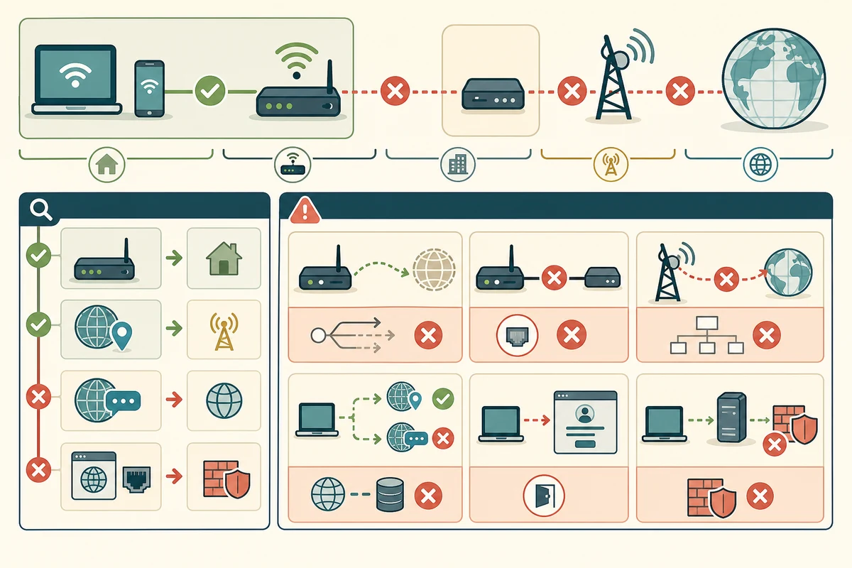 端末とローカルルーターの接続は成功している一方、ルーターのWAN側、ISP、インターネット、DNS、キャプティブポータル、ファイアウォールの候補で外部到達が止まる様子を示すピクトグラム図解
